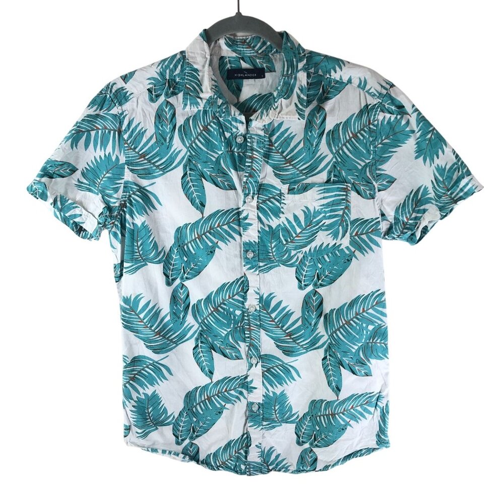Highlander Mens Hawaiian Aloha Shirt Leaf Print Pocket White Green S